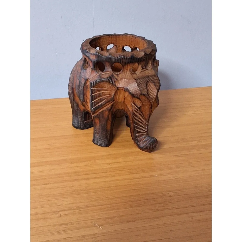 Hand Carved Wooden Elephant Trinket Candle Planter Holder‎